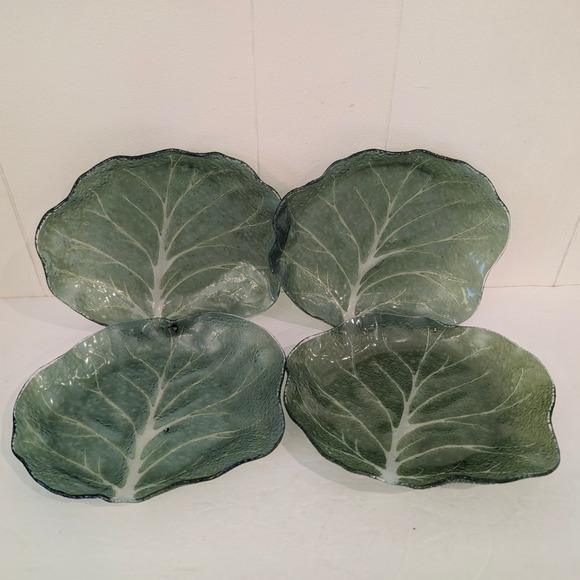 Set of 4 Vintage Green Glass Cabbage Leaf Shaped Serving Dishes Appetizer Plates - Picture 4 of 16